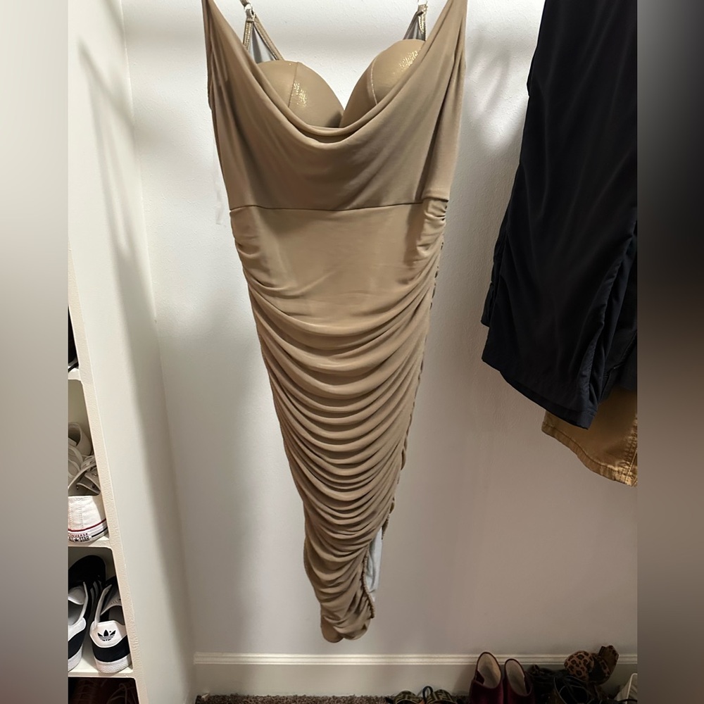 Fashion Nova Cream Ruched Bodycon Dress